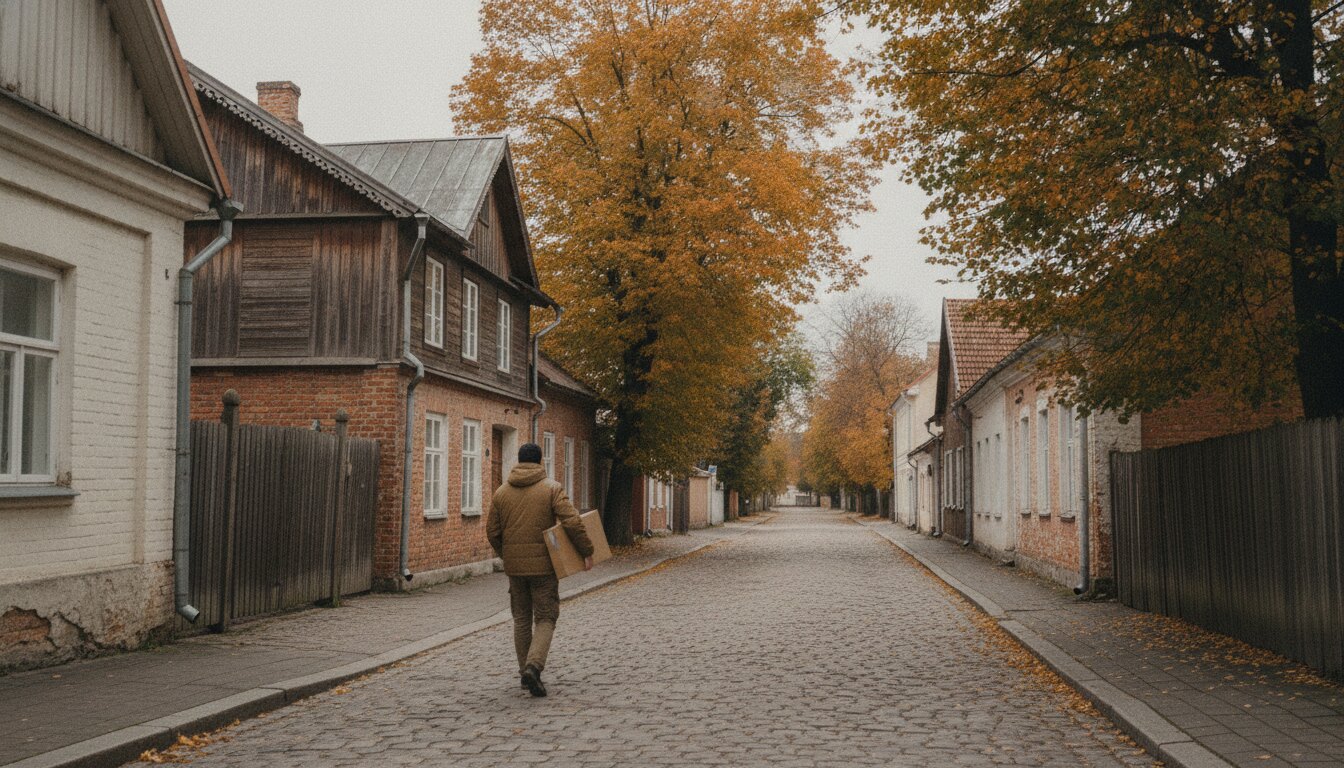 Курьер доставляет посылку в районе Ахья